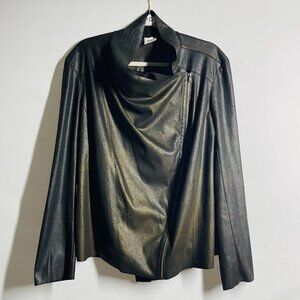 Mote Womens Black Metallic Drape Collar Faux Leather Moto Jacket Size 2XL